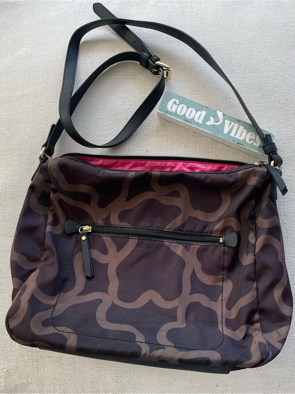 Tous Signature Brown Patterned Large Crossbody Bag with Black Strap